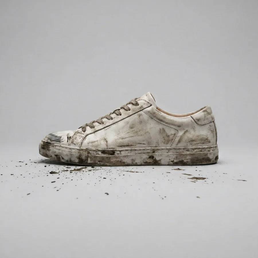 Dirty, scuffed sneaker before Qsec shoe spa cleaning